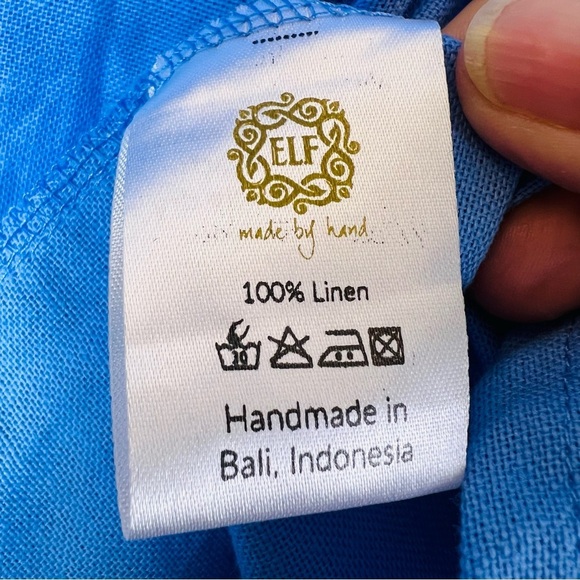 ELF Linen Handmade Puff Sleeve Blue Smocked Milkmaid Dress SIZE LARGE - Picture 7 of 9